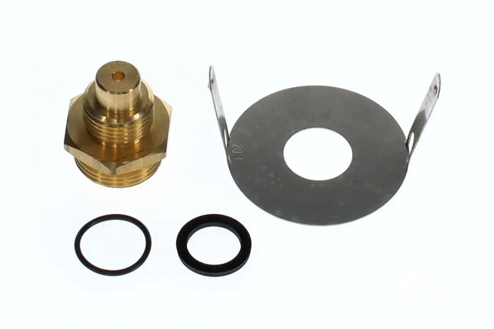 Brass-Element von Bosch mit montierter Luftdüse, zwei O-Ringen und einer Metallscheibe. Die Teile sind für eine Gasinstallation oder einen ähnlichen Mechanismus geeignet.